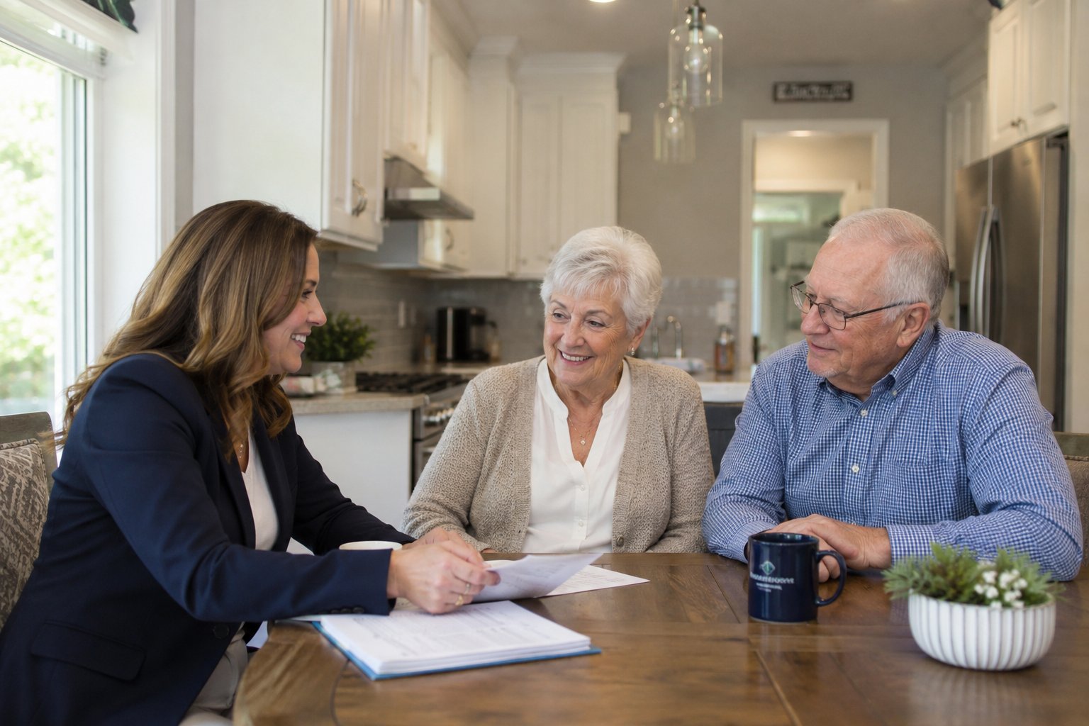 Licensed insurance agent reviewing Medicare options with a Northeast Ohio couple at their kitchen table